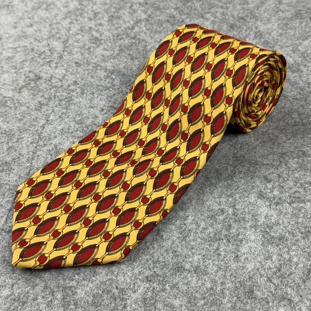 VTG Brooks Brothers Tie Mens Yellow Red Geometric Chain Link Silk Makers USA Y2K